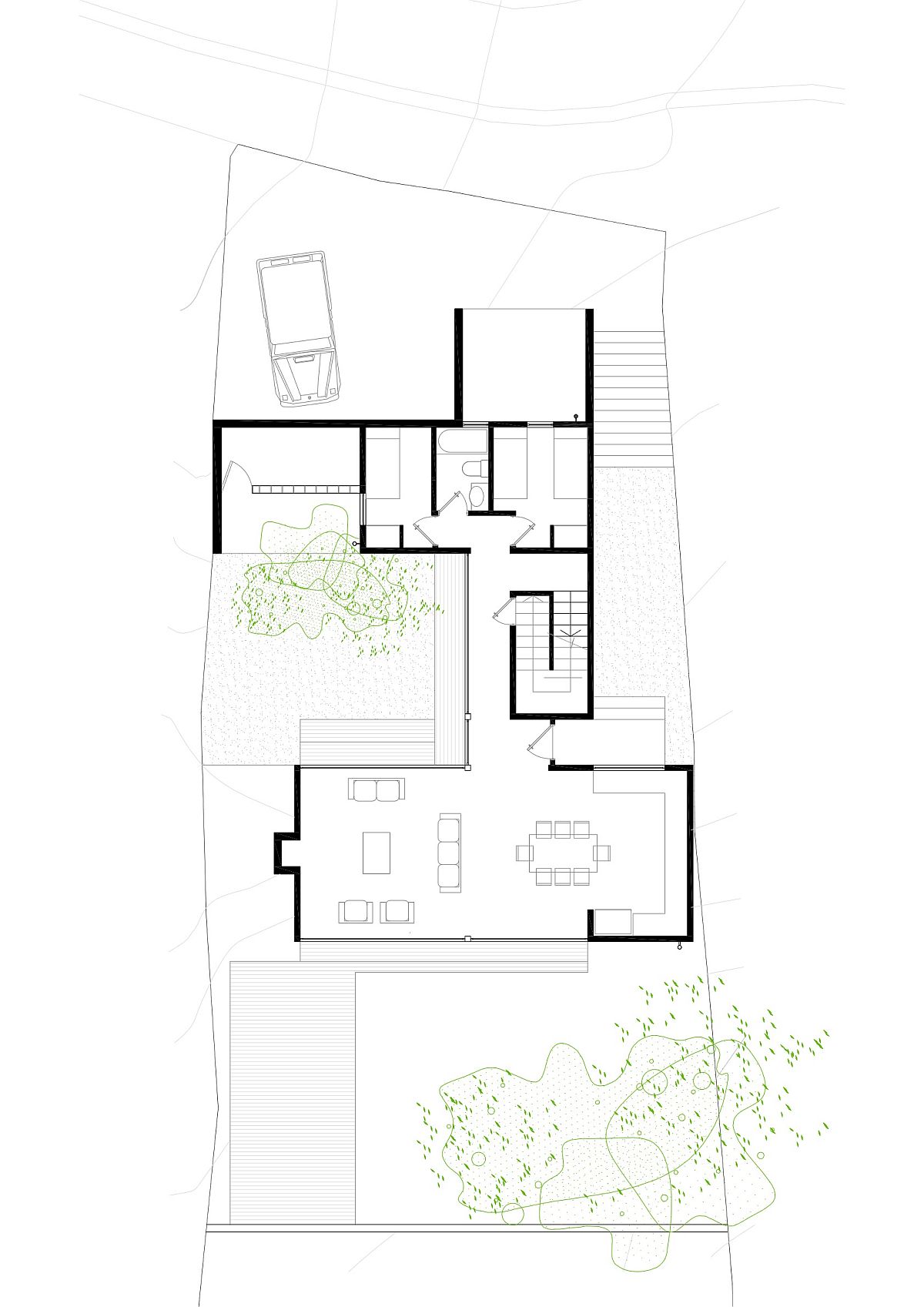 Design plan of ground level of Two Patios House designed by Ignacio Correa