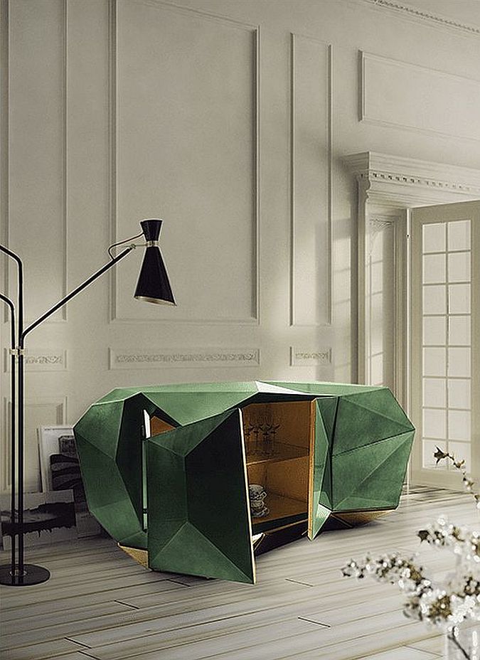 Diamond Emerald sideboard with its iconic design in green has an edgy minimal vibe