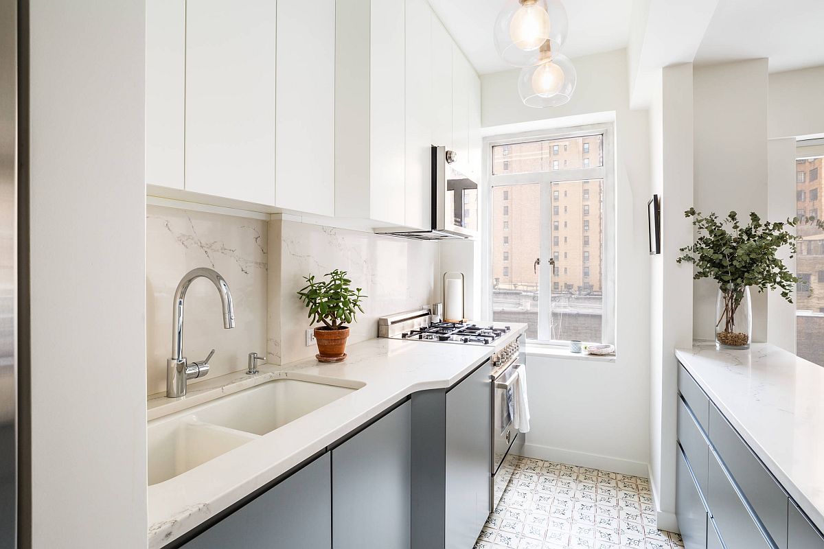 Finding space for twin sinks and a separate prep zone inside the tiny apartment kitchen