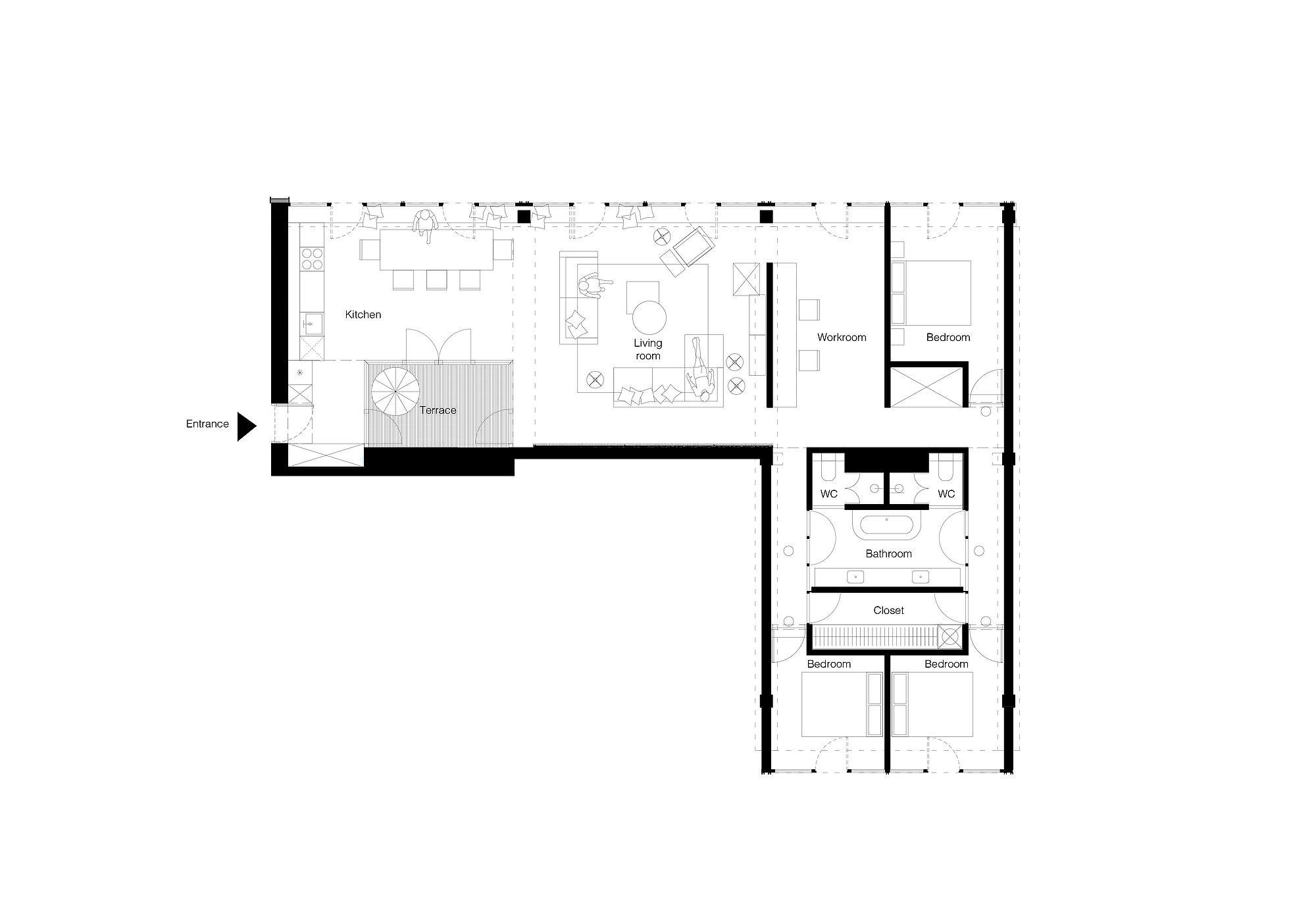 Floor plan of dashing apartment in Vilnius that was previously a warehouse