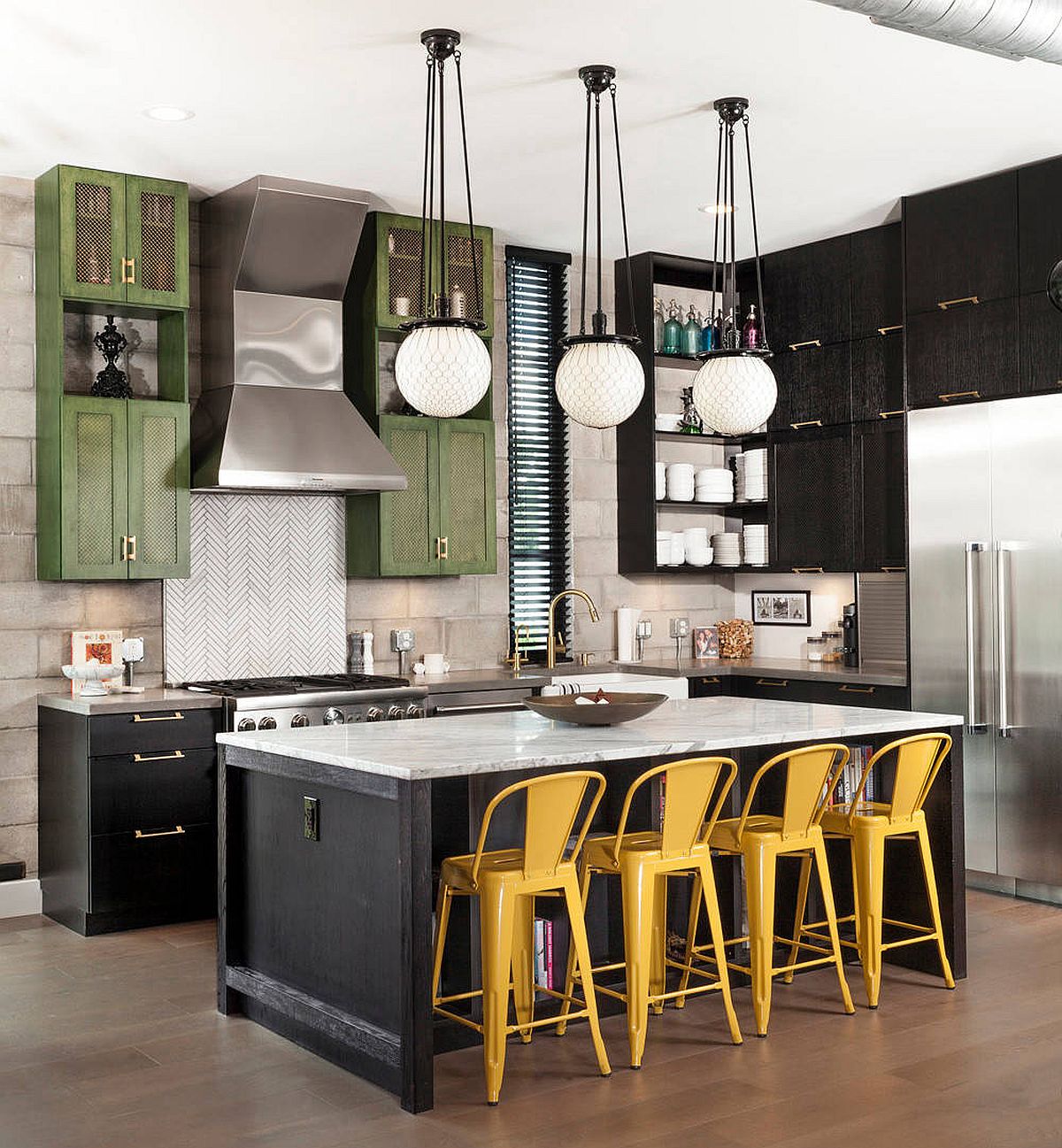 It is the striking bar chairs that usher yellow into this industrial-farmhouse style kitchen