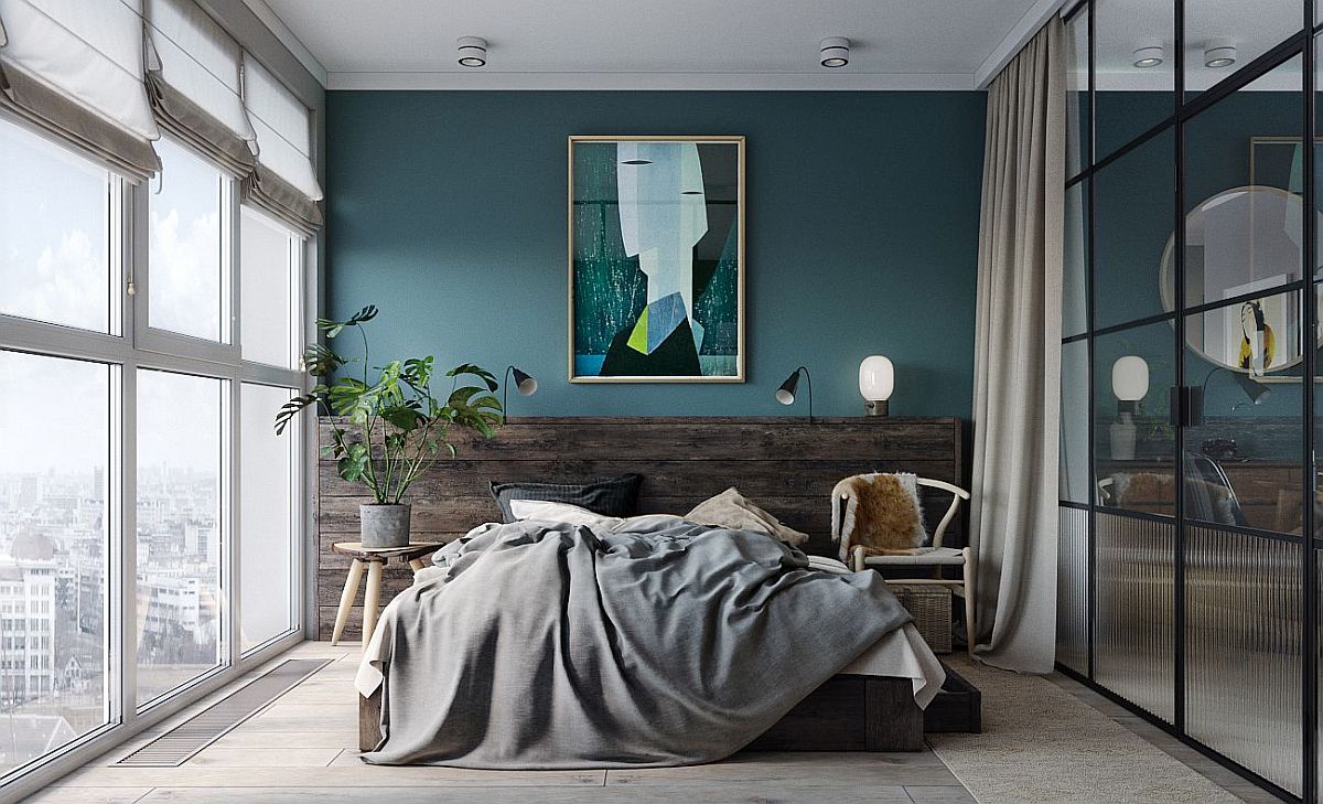 Modern-minimal-bedroom-with-bluish-gray-accent-wall-and-custom-glass-walls-with-adark-frame-36533