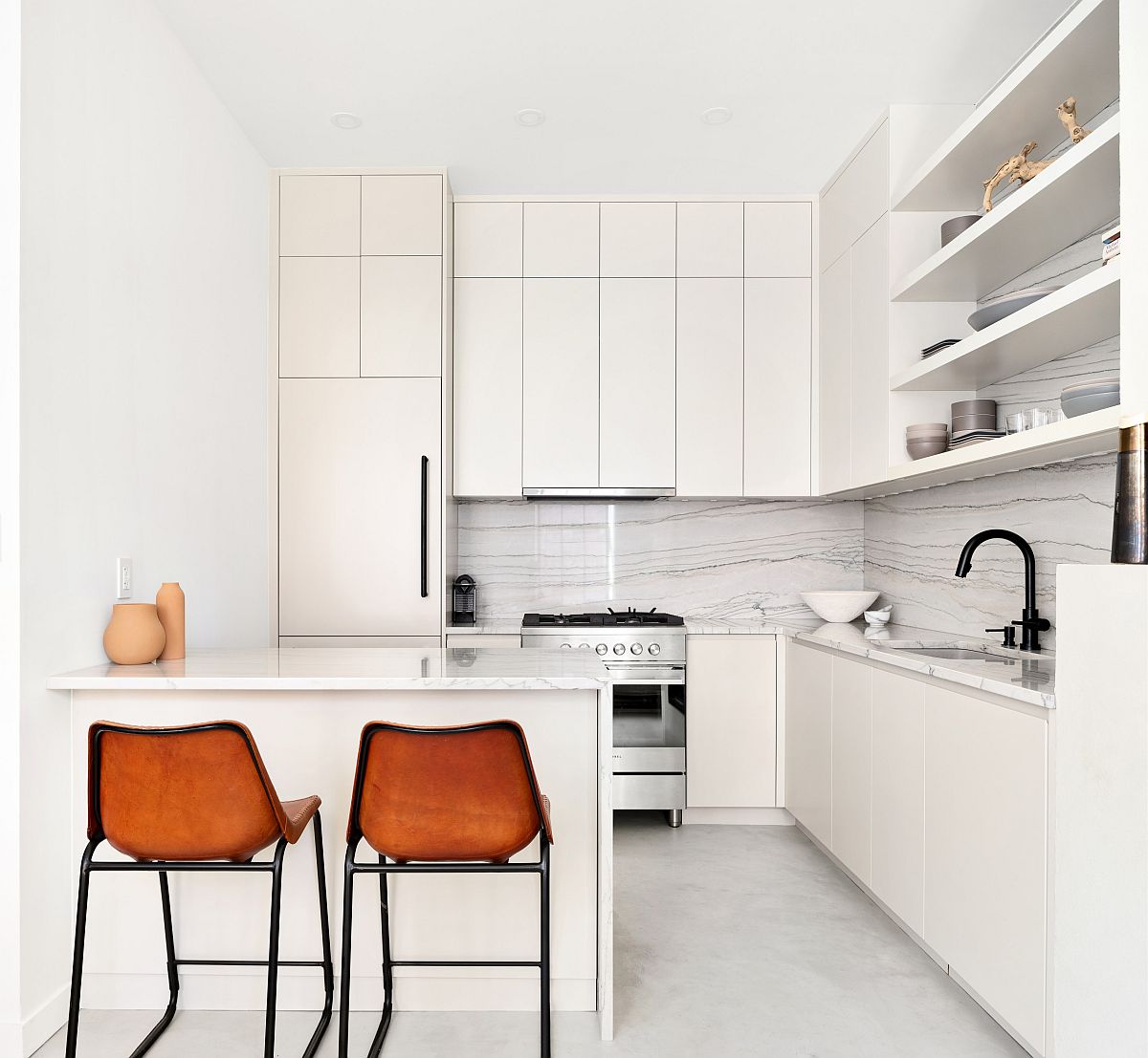 Monochromatic Kitchen In White Of Apartment In Greenwich With Bar Stools That Provide Visual Contrast 64237 