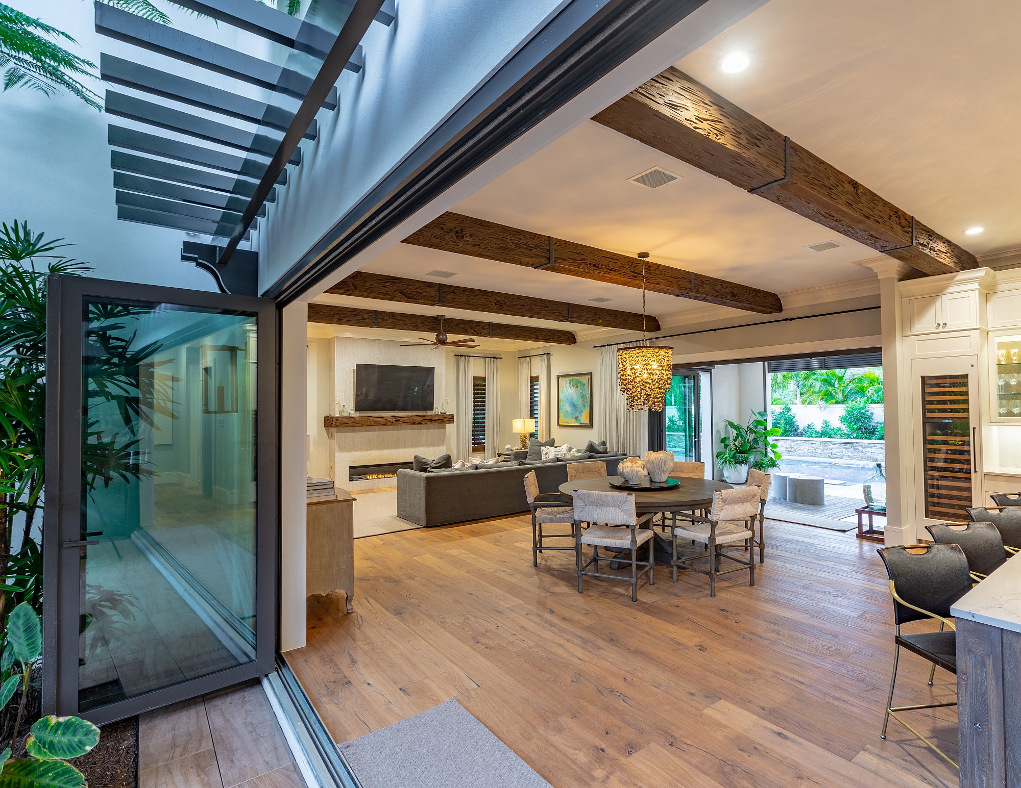 Nano wall systems and glass doors connect the great room with the patio and the outdoors