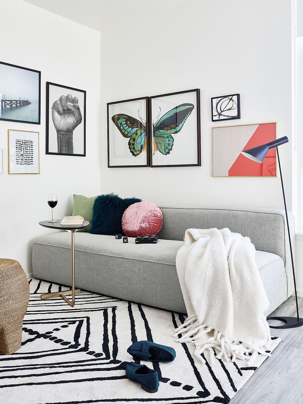 Snazzy rug adds pattern to this small living room without altering its color palette