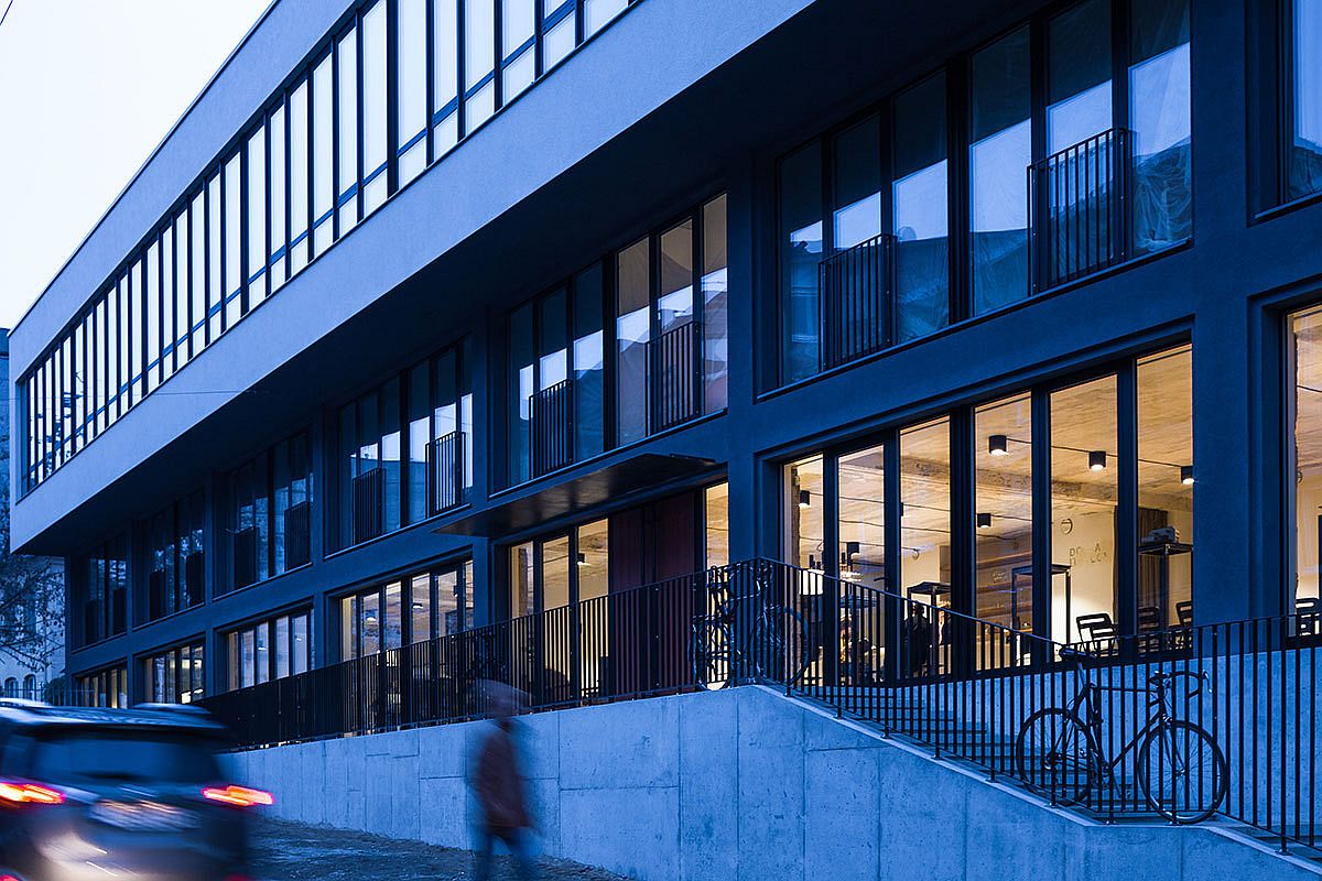 Street facade of the modern industrial building in Vilnius that was once a warehouse