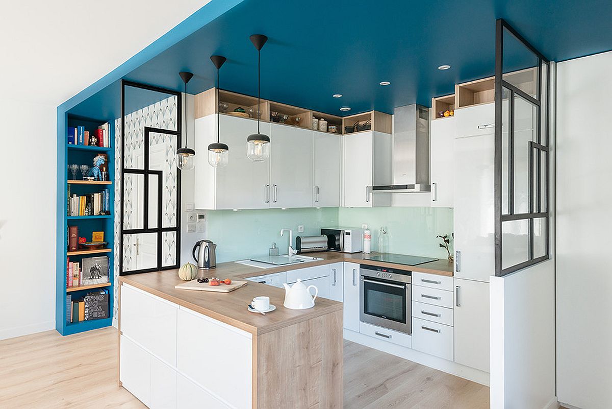 Unique-design-of-the-ceiling-delineates-kitchen-and-also-adds-turquoise-to-the-white-space-97346