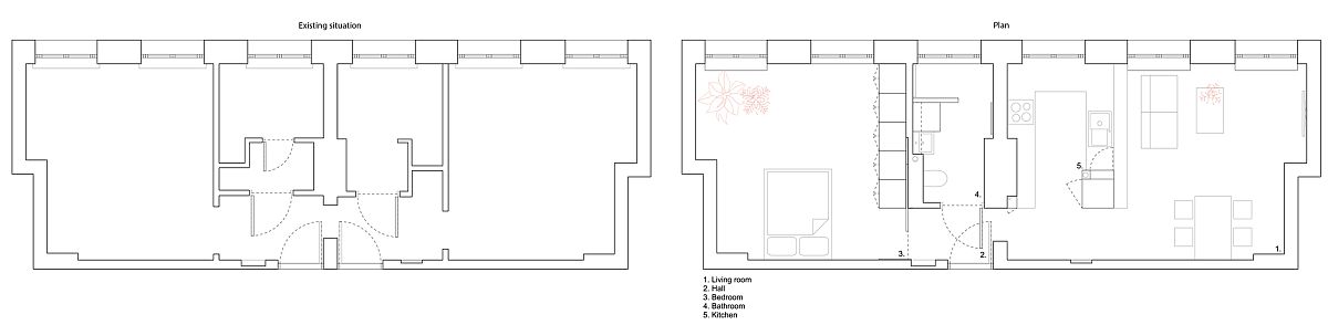 Before and after floor plan of the revamped 50's apartment