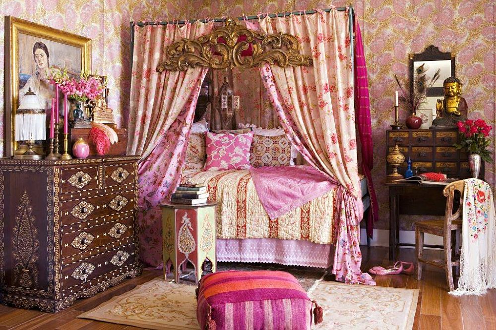 Bohemian bedroom with shabby chic, eclectic and Asian decor.