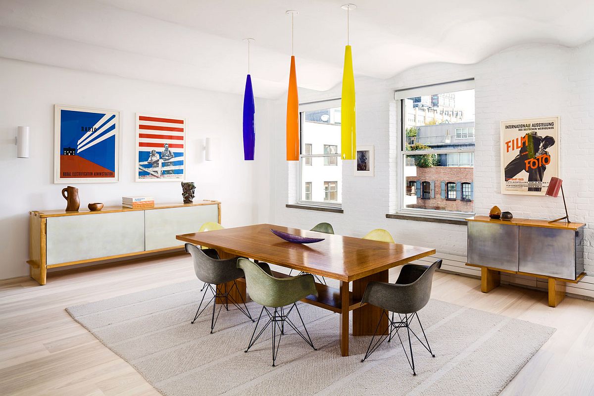 Brilliant use of colorful pendant lights in the modern industrial Manhattan loft