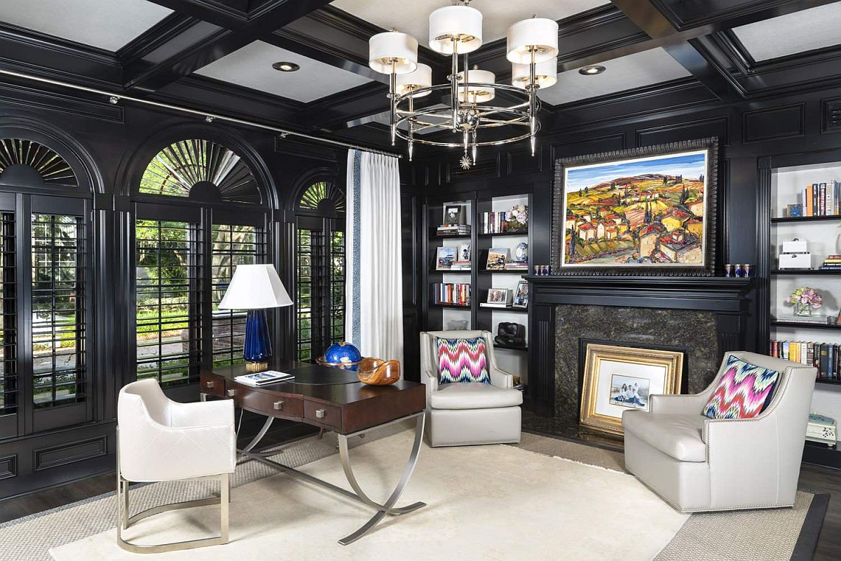 Coffered ceiling with black wooden beams and classic black windows for the traditional home office