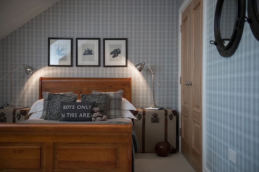 Creative boys' bedroom with plaid wallpaper and trunks that act as coffee tables