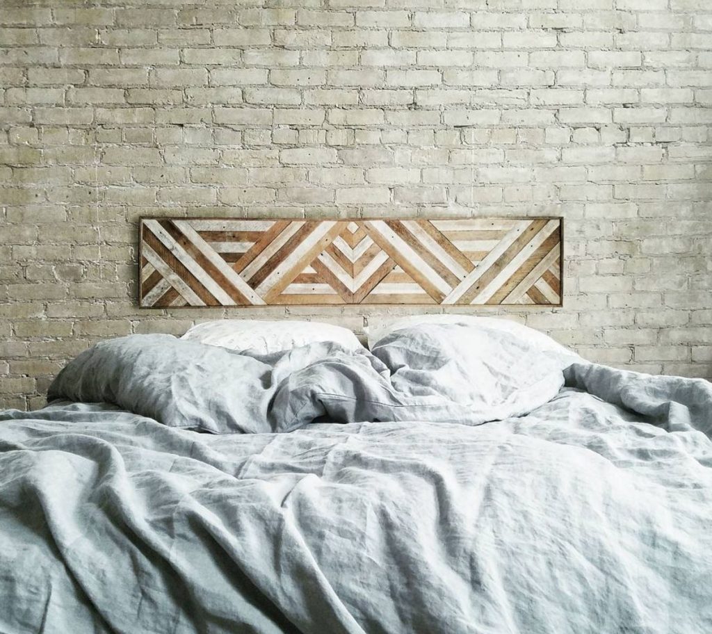 DIY wood strip art headboard alternative