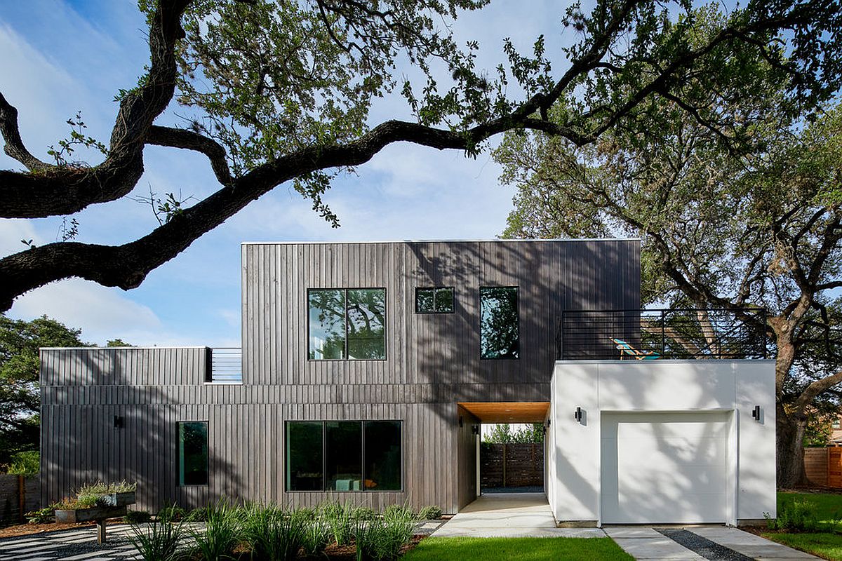 Dark gray wooden exterior of the ADU gives it a distinct identity