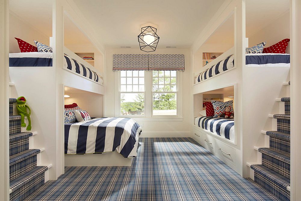 Dashing-bedroom-with-bunk-beds-uses-a-plaid-carpet-that-instantly-grabs-your-attention-19276