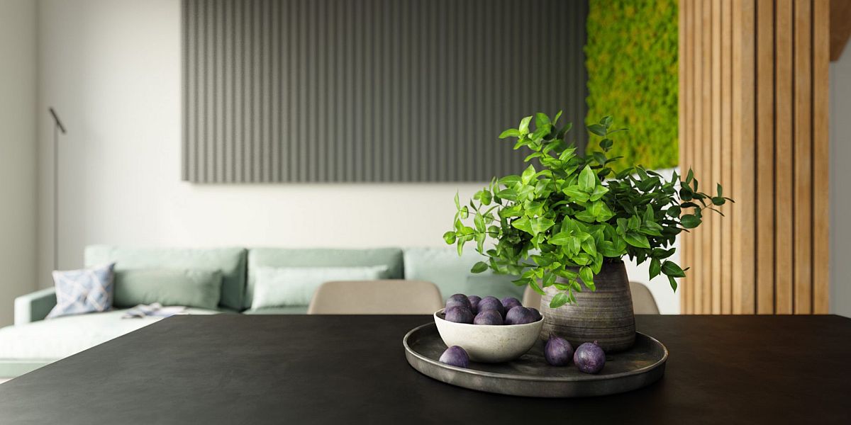 Decorating the dining table in a minimal, elegant fashion using a small indoor plant