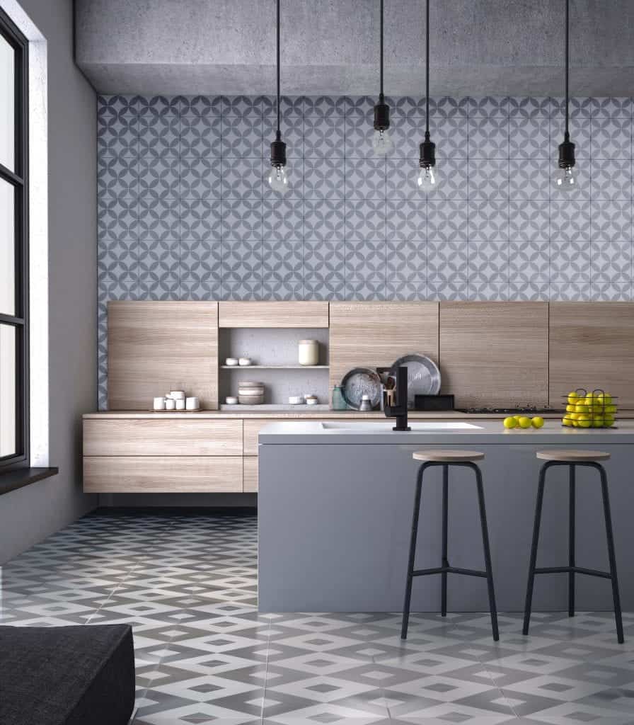 Diamond-pattern cement tile in a modern kitchen