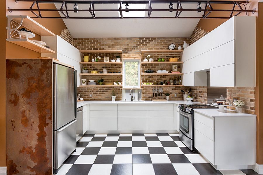 Different finishes and textures still find pace next to one another in this small modern-industrial kitchen