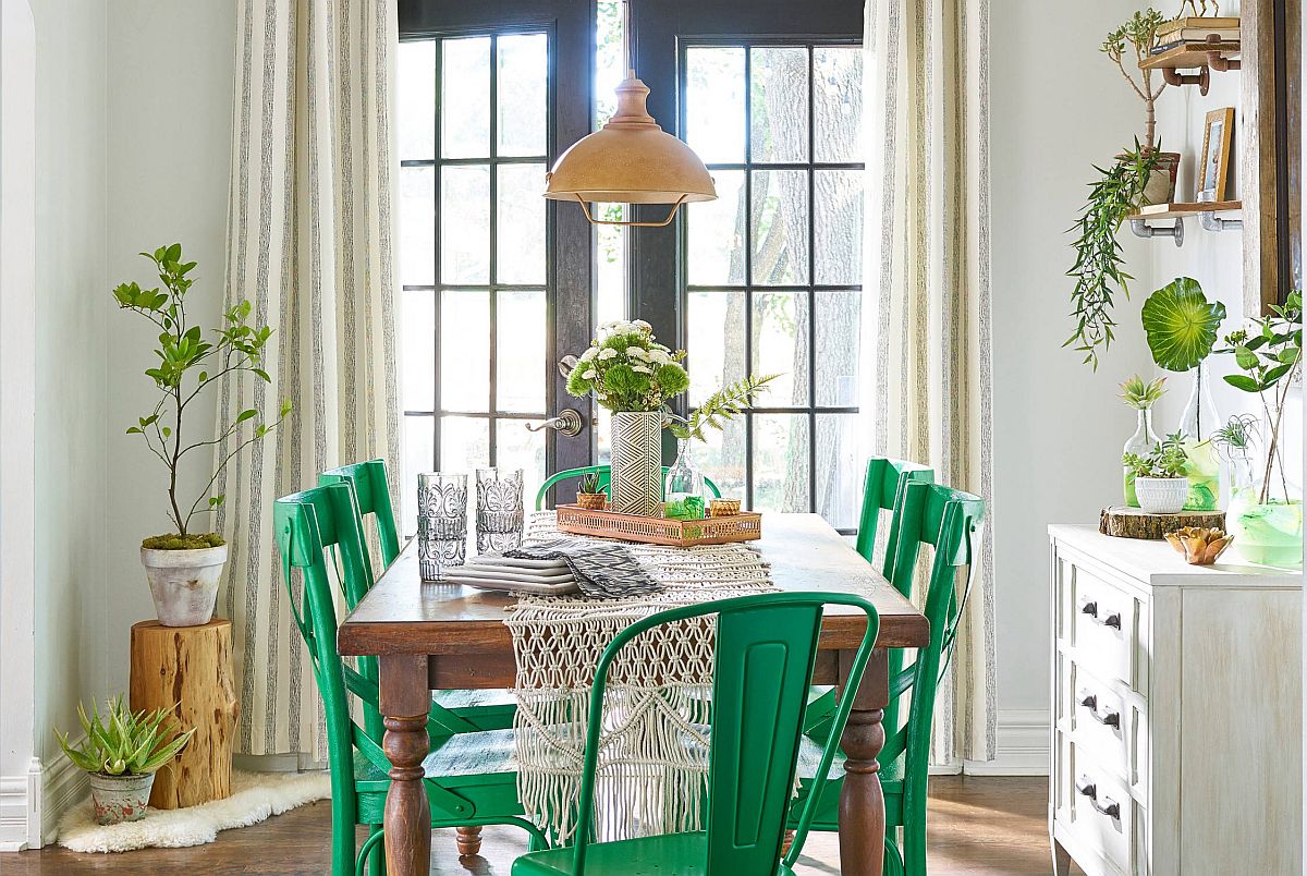 Dining table chairs in bright green add vivacious color to this shabby chic dining room