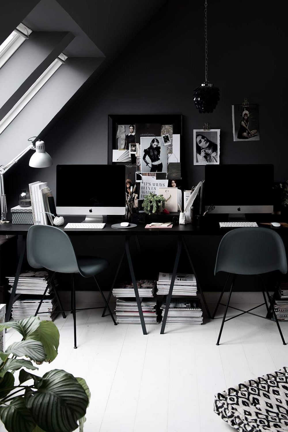 Exquisite modern Scandinavian home office in dark gray and black is a showstopper