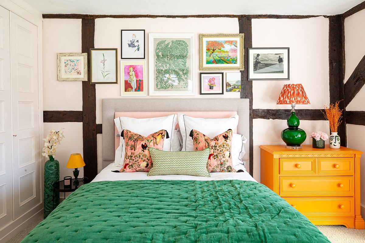 Eye-catching use of bright colors makes an instant impact inside this modern eclectic bedroom