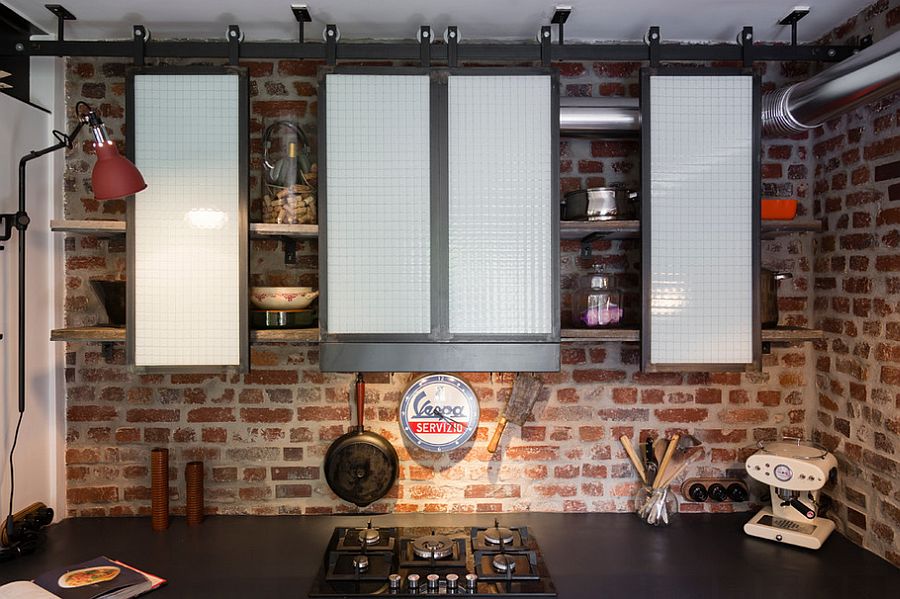 Floating wooden shelves combined with cabinets for better storage options in the small kitchen