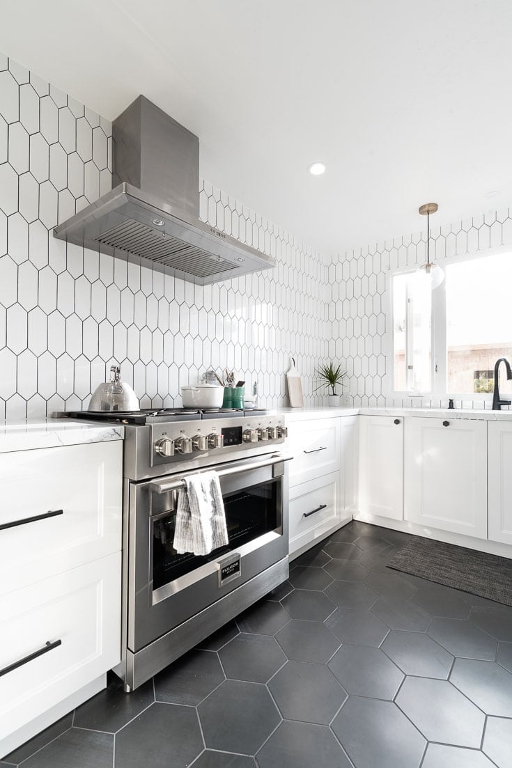 Kitchen reveal with black hexagonal floor tile