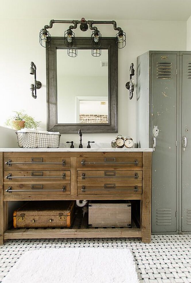 Locker found at local flea market gives the industrial bathroom a vintage, authentic appeal