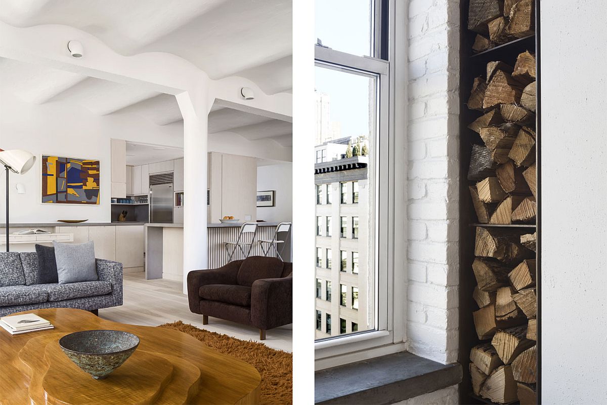 Original vaulted concrete ceiling and a steel-clad fire door of the revamped New York City apartment