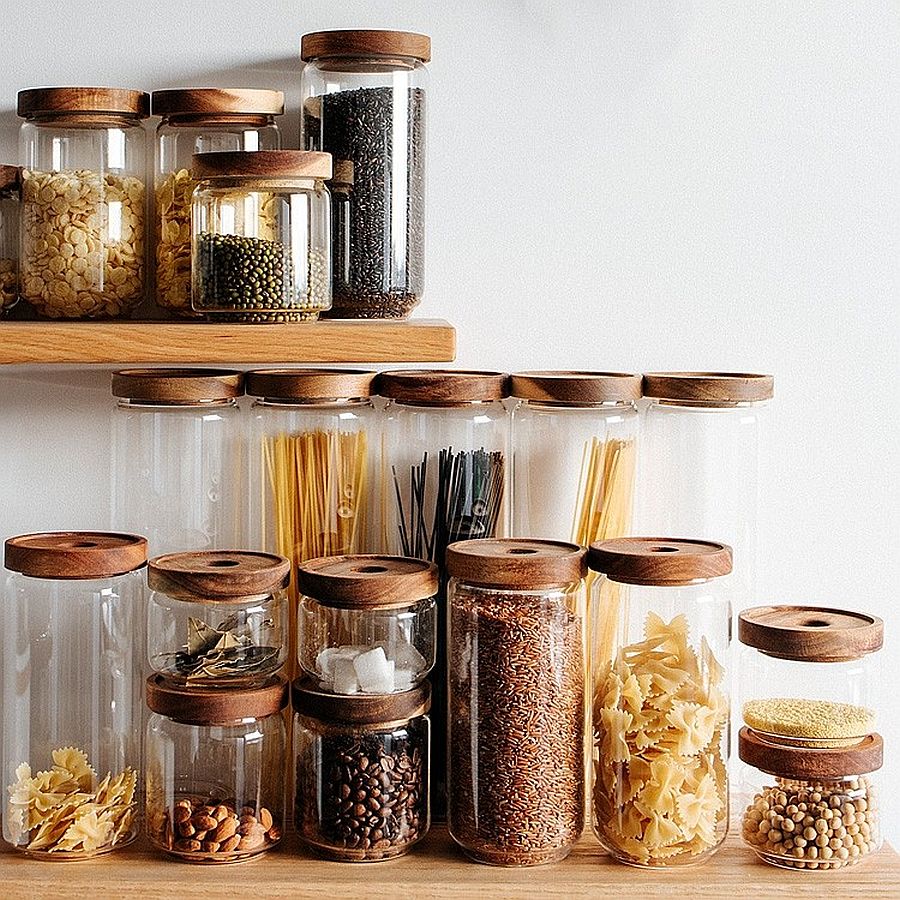 Replace cardboard and plastic boxes with glass and plastic jars