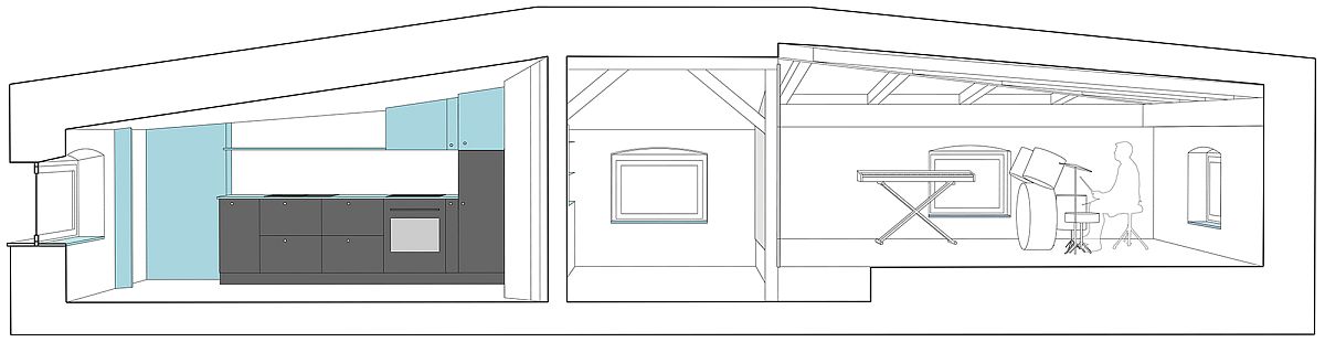 Sectional plan of small and space-savvy attic apartment in Poznan