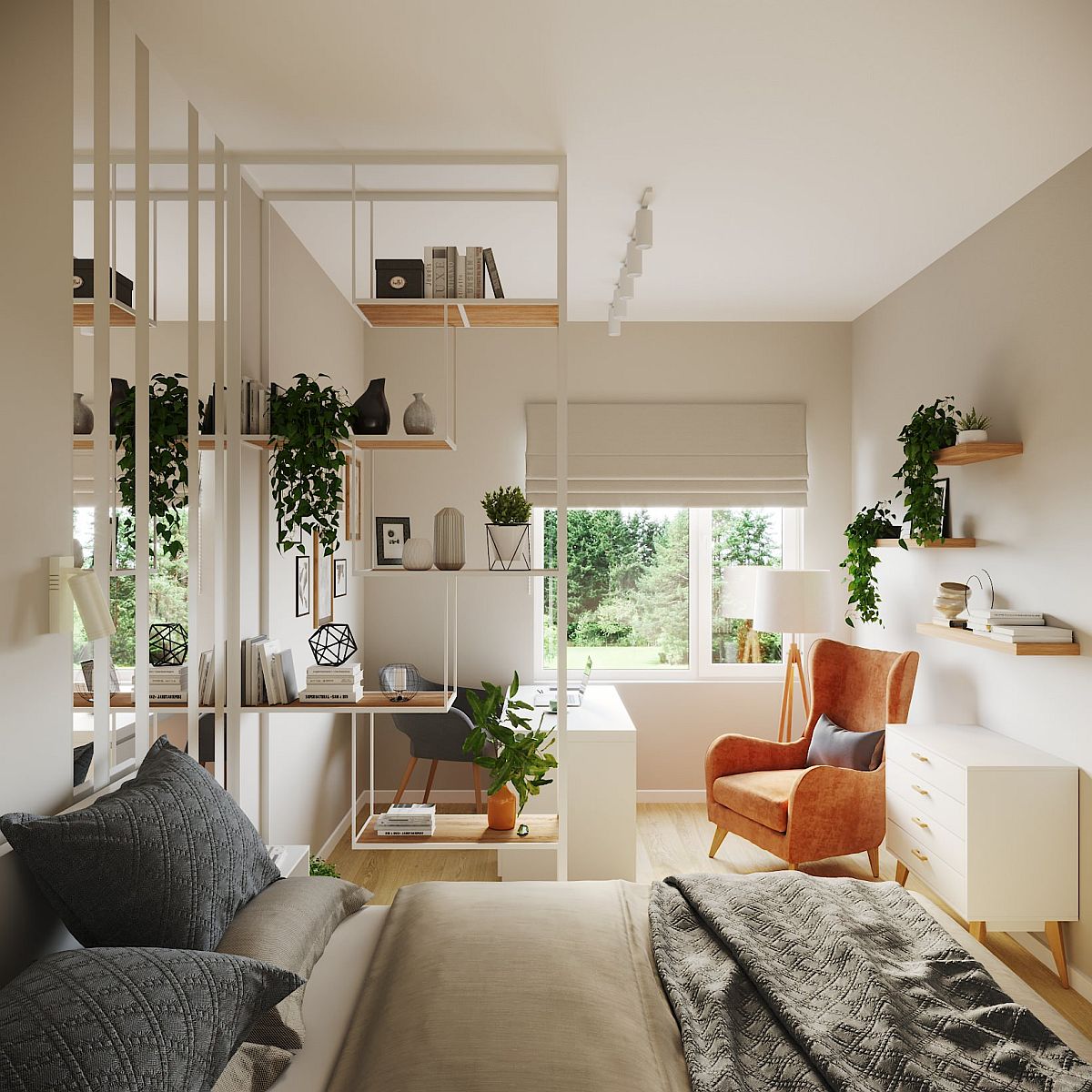 Simple and elegant reading nook in the modern bedroom of Saint Petersburg apartment with a cozy chair and a few floating shelves