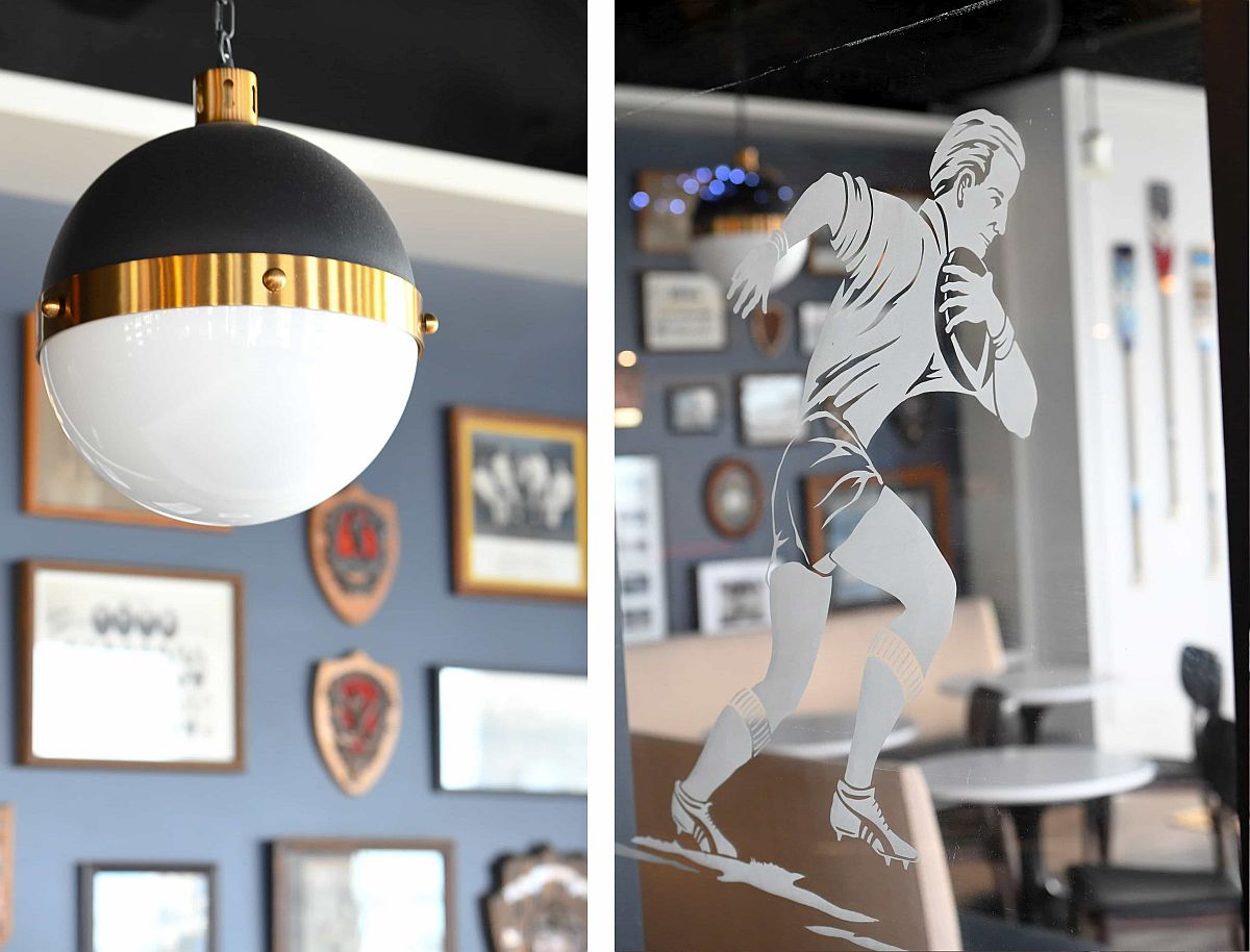 Traditional lighting and sports-themed motifs for the member's lounge in Toronto