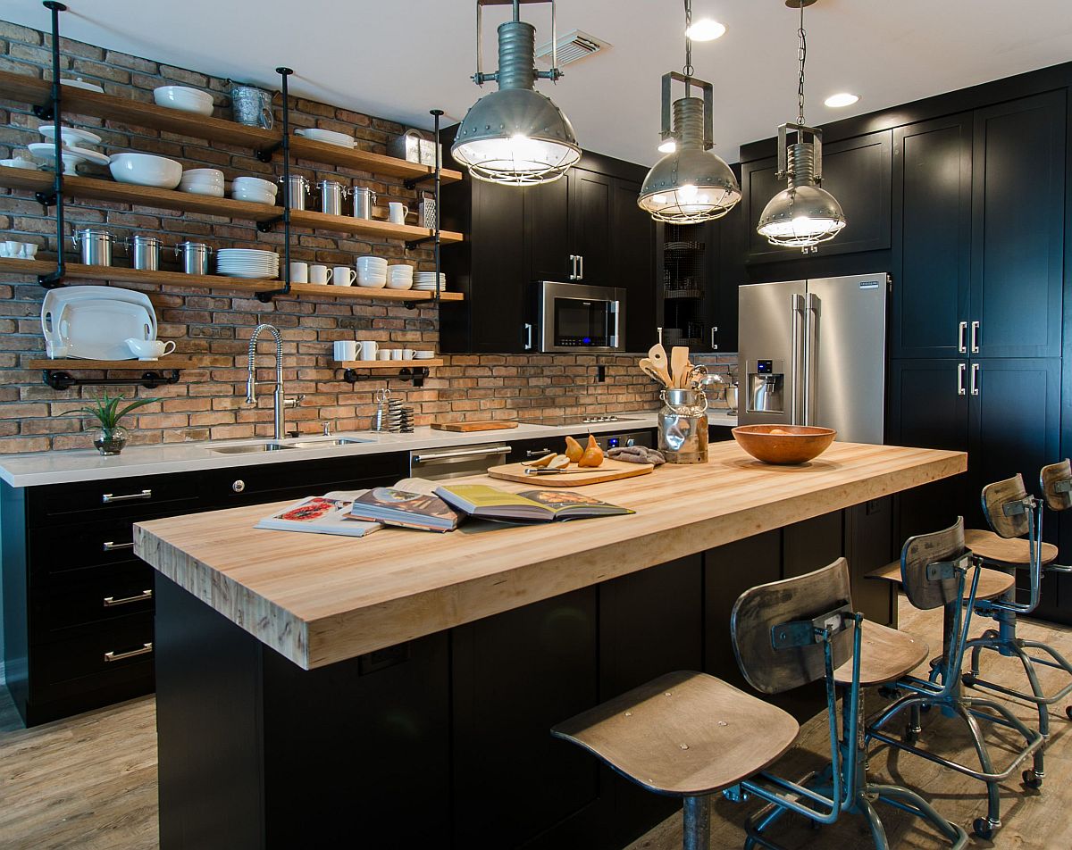 Turning the exposed brick wall in the kitchen into the focal point with smart shelving and the right use of cabinets