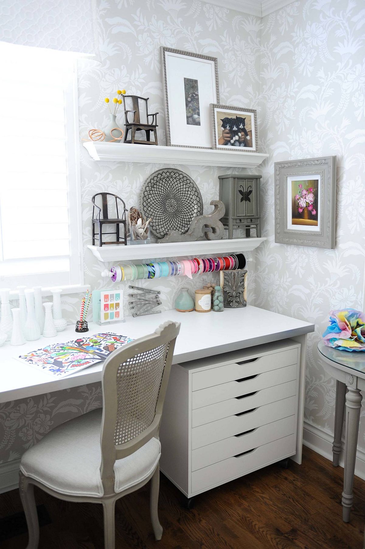 Functional Small Craft Room Ideas Perfect For The Modern DIY Enthusiast   Wallpaper Brings Floral Pattern To This Small Crafts Room In White With Clever Storage Ideas 41087 