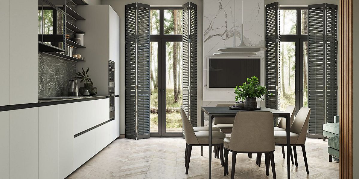 Wooden shutters bring a more traditional vibe to the revamped modern minimal interior of the townhouse