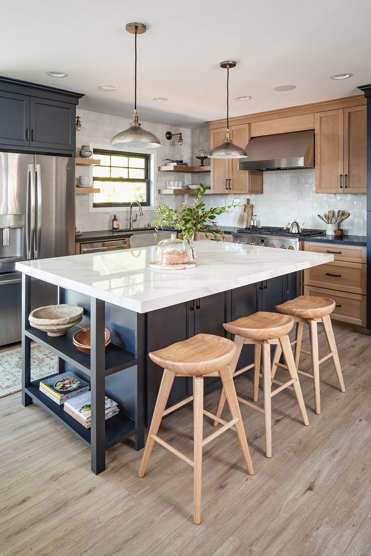 Add open shelves to your kitchen island to give it a more eye-catching appeal