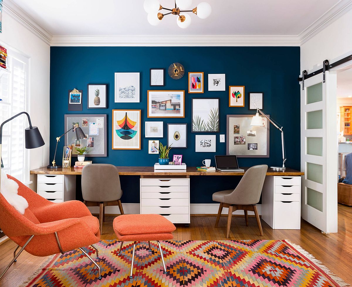 Beautiful modern-eclectic home office in blue and white