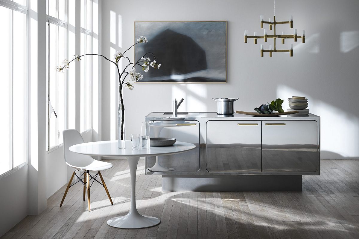 Creative mirrored steel credenza that also doubles as a small and space-savvy kitchen island