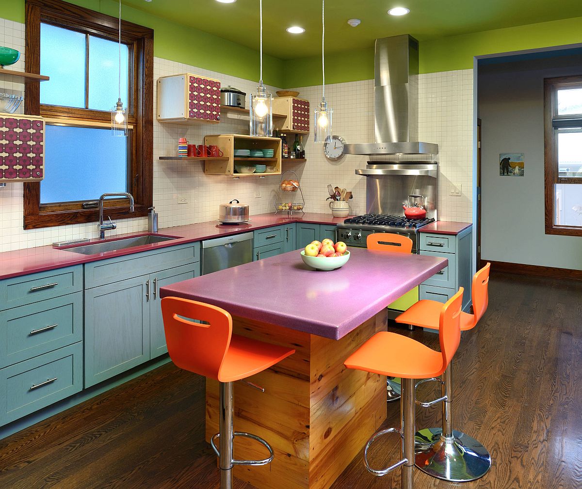 Imaginative use of bright color in the small eclectic kitchen