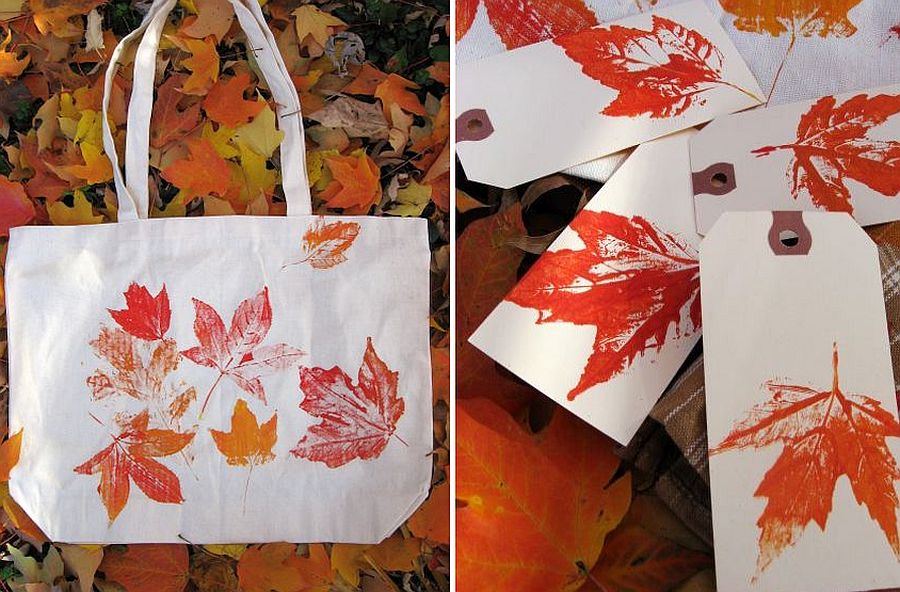 Leaf prints for your tote bags and paper bags make for a fun gift this fall