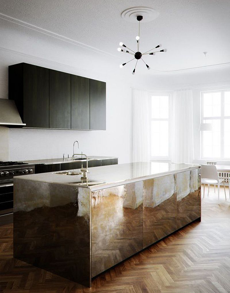 Sleek and stunning mirrored island for the contemporary kitchen with chevron pattern wooden floor