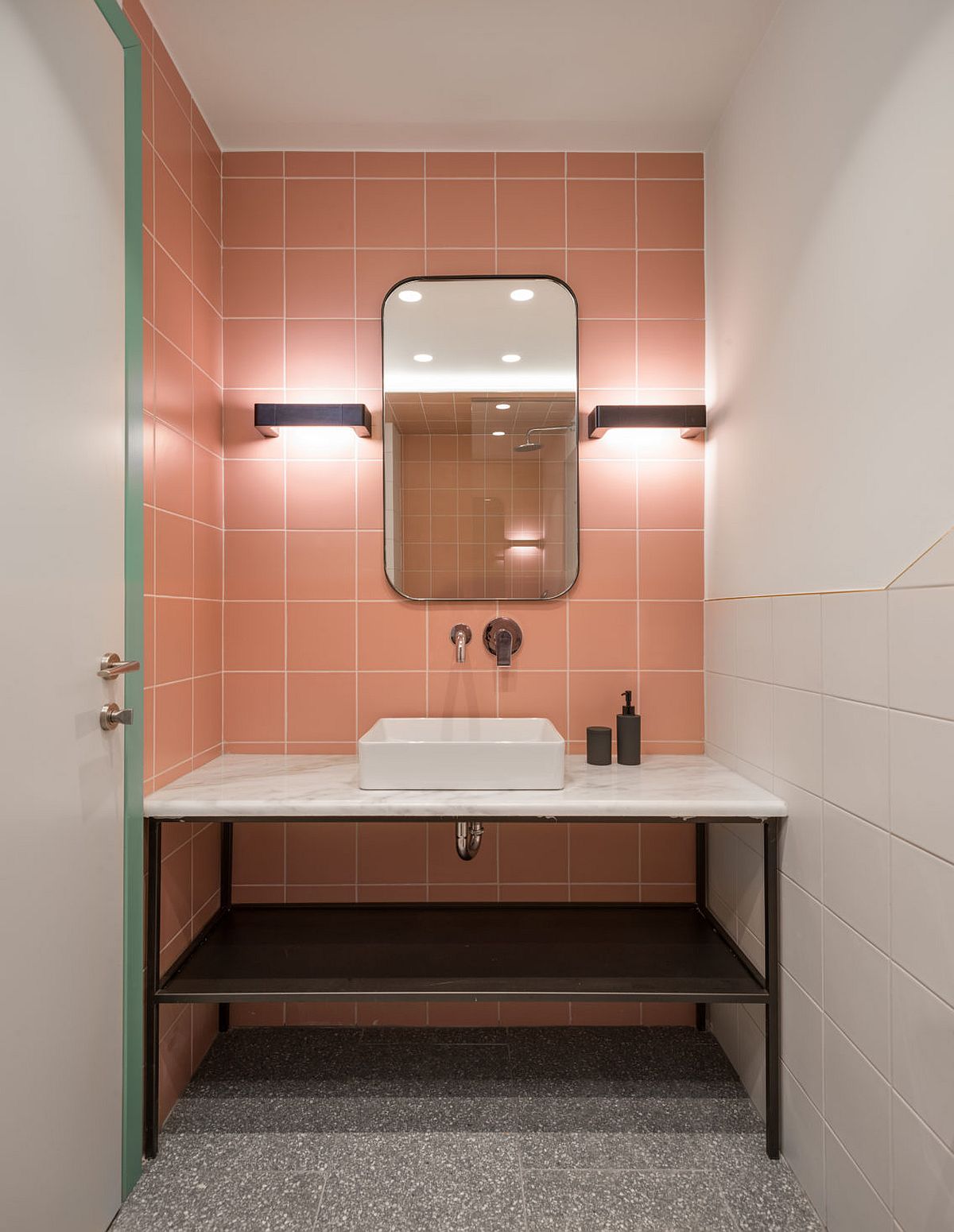 Small-modern-bathroom-with-pink-tiles-and-a-touch-of-dark-green-45367