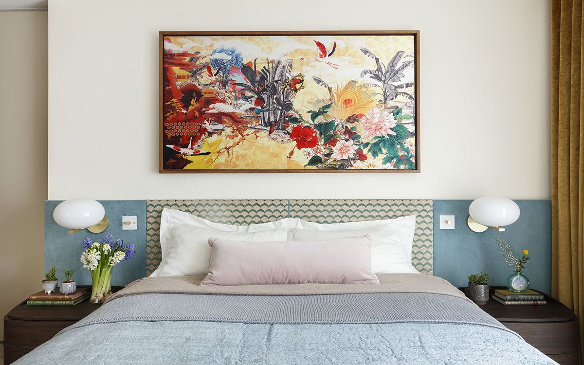 Wall art piece for the headboard wall steals the show in this gorgeous contemporary bedroom