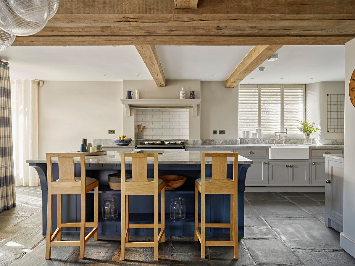 Blue is a popular hue to try out in the modern farmhouse kitchen