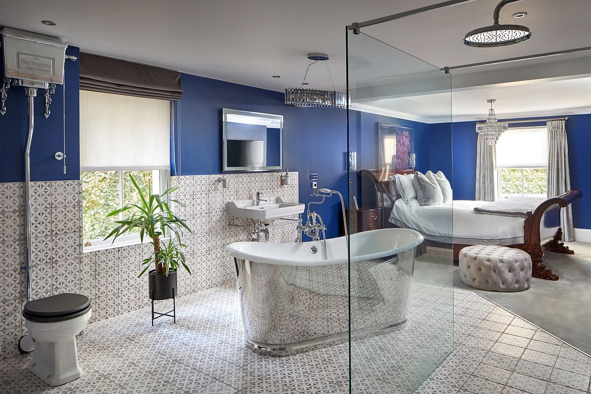 Brilliant sparkling bathtub steals the spotlight in this master bedroom where both rooms become one