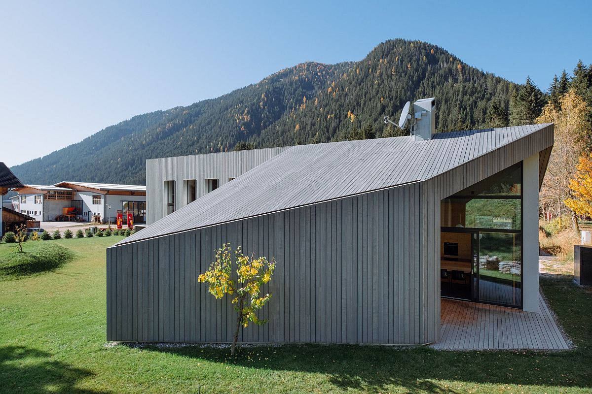 Contemporary street facade of the home with angular design