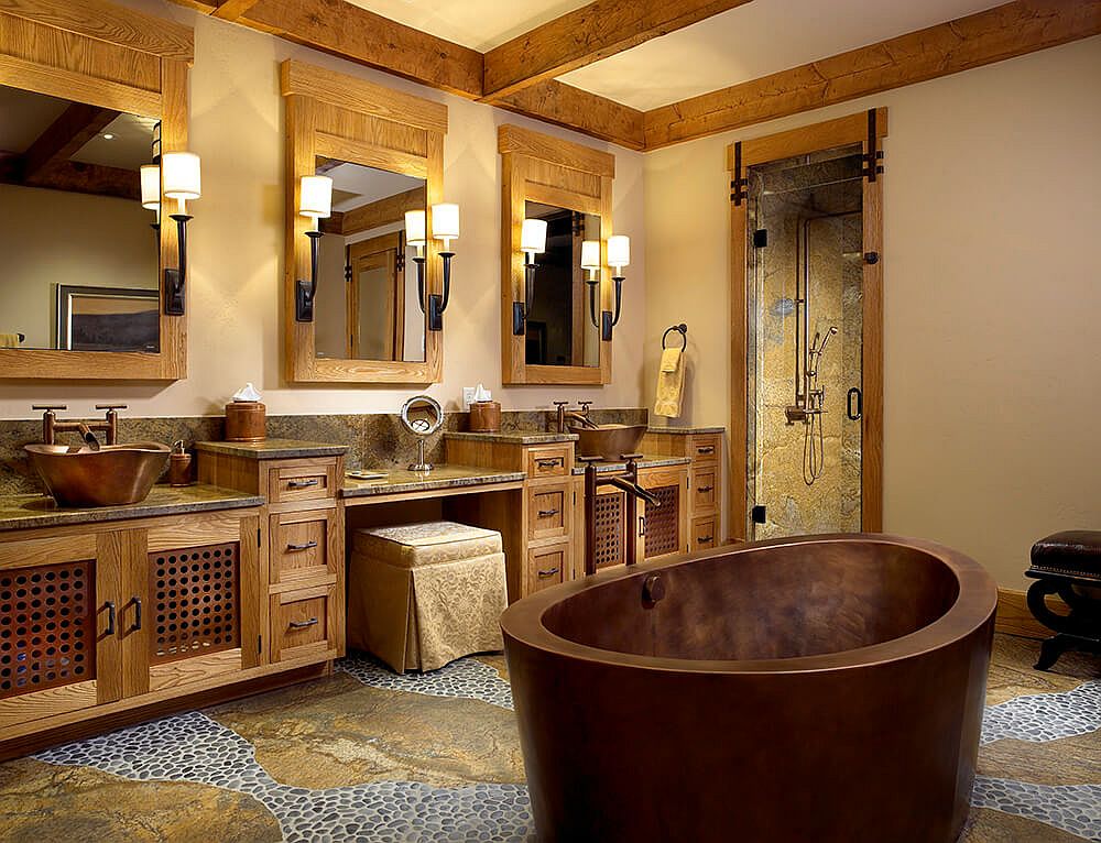 Dashing copper soaking tub is perfect even for the cabin-style bathroom