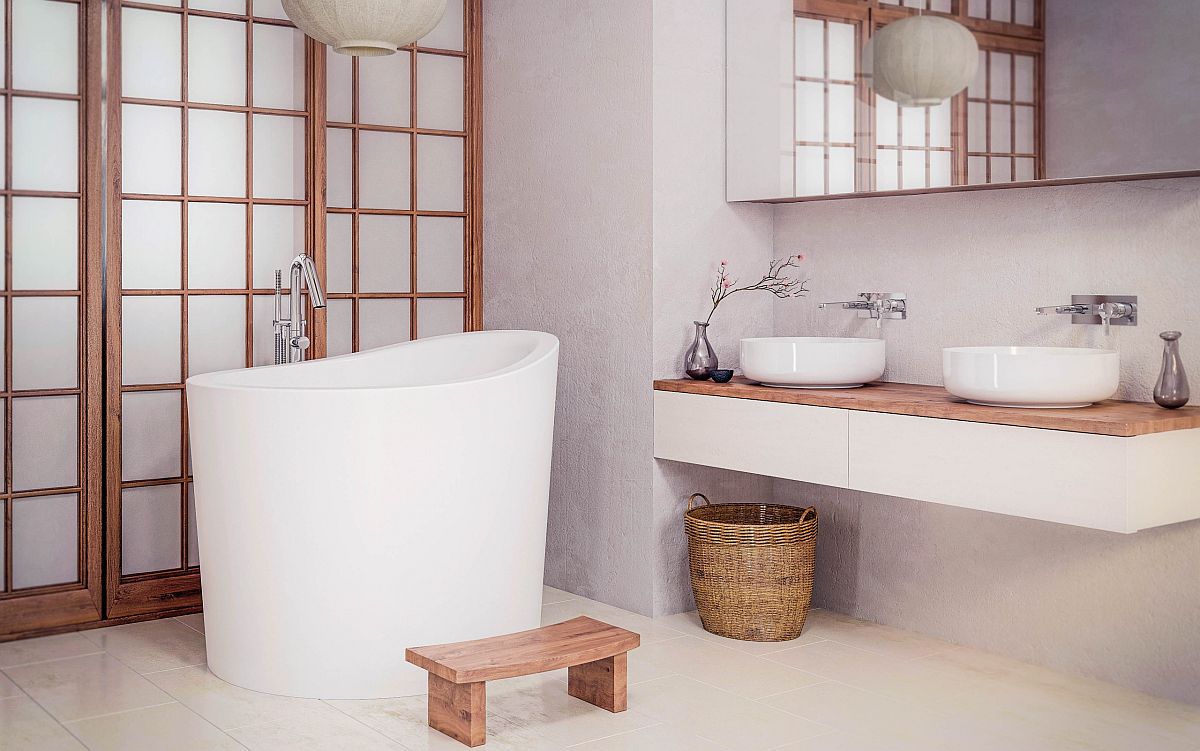 Deep Asian style soaking tub in white for a bathroom with similar style