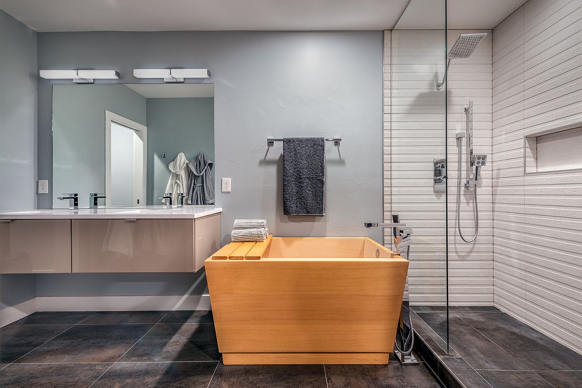 Gorgeous wooden soaking tub with a modern minimal style